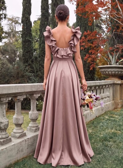 A-Line Plunge Neck Sleeveless Floor-Length Satin Bridesmaid Dresses With Split Front/Pockets/Shoulder Ruffle
