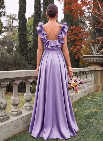 A-Line Plunge Neck Sleeveless Floor-Length Satin Bridesmaid Dresses With Split Front/Pockets/Shoulder Ruffle