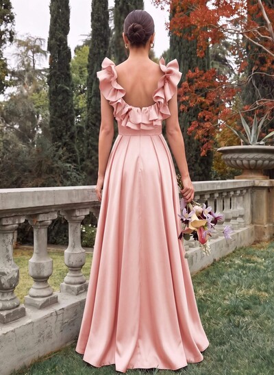 A-Line Plunge Neck Sleeveless Floor-Length Satin Bridesmaid Dresses With Split Front/Pockets/Shoulder Ruffle