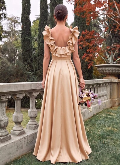 A-Line Plunge Neck Sleeveless Floor-Length Satin Bridesmaid Dresses With Split Front/Pockets/Shoulder Ruffle