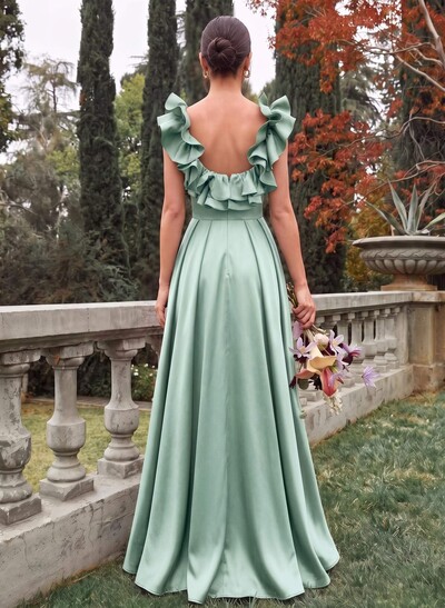 A-Line Plunge Neck Sleeveless Floor-Length Satin Bridesmaid Dresses With Split Front/Pockets/Shoulder Ruffle