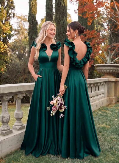 A-Line Plunge Neck Sleeveless Floor-Length Satin Bridesmaid Dresses With Split Front/Pockets/Shoulder Ruffle