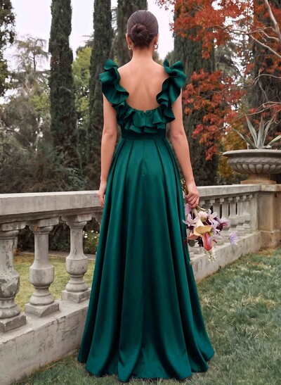 A-Line Plunge Neck Sleeveless Floor-Length Satin Bridesmaid Dresses With Split Front/Pockets/Shoulder Ruffle