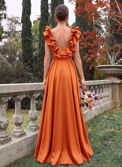 A-Line Plunging Neckline Sleeveless Floor-Length Satin Bridesmaid Dresses With Front Slit, Pockets And Shoulder Ruffles