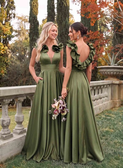 A-Line Plunge Neck Sleeveless Floor-Length Satin Bridesmaid Dresses With Front Slit, Pockets And Shoulder Frills