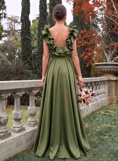 A-Line Plunge Neck Sleeveless Floor-Length Satin Bridesmaid Dresses With Front Slit, Pockets And Shoulder Frills