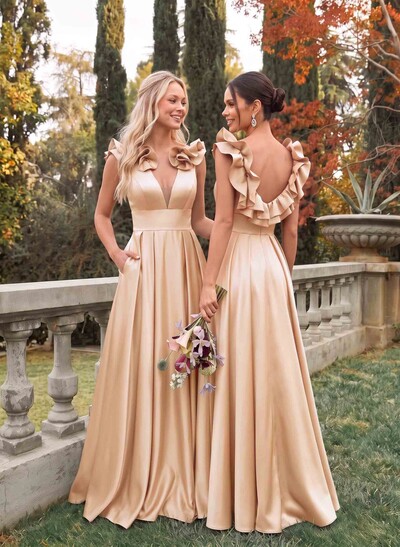 A-Line Plunge Neck Sleeveless Floor-Length Satin Bridesmaid Dresses With Split Front/Pockets/Shoulder Ruffle