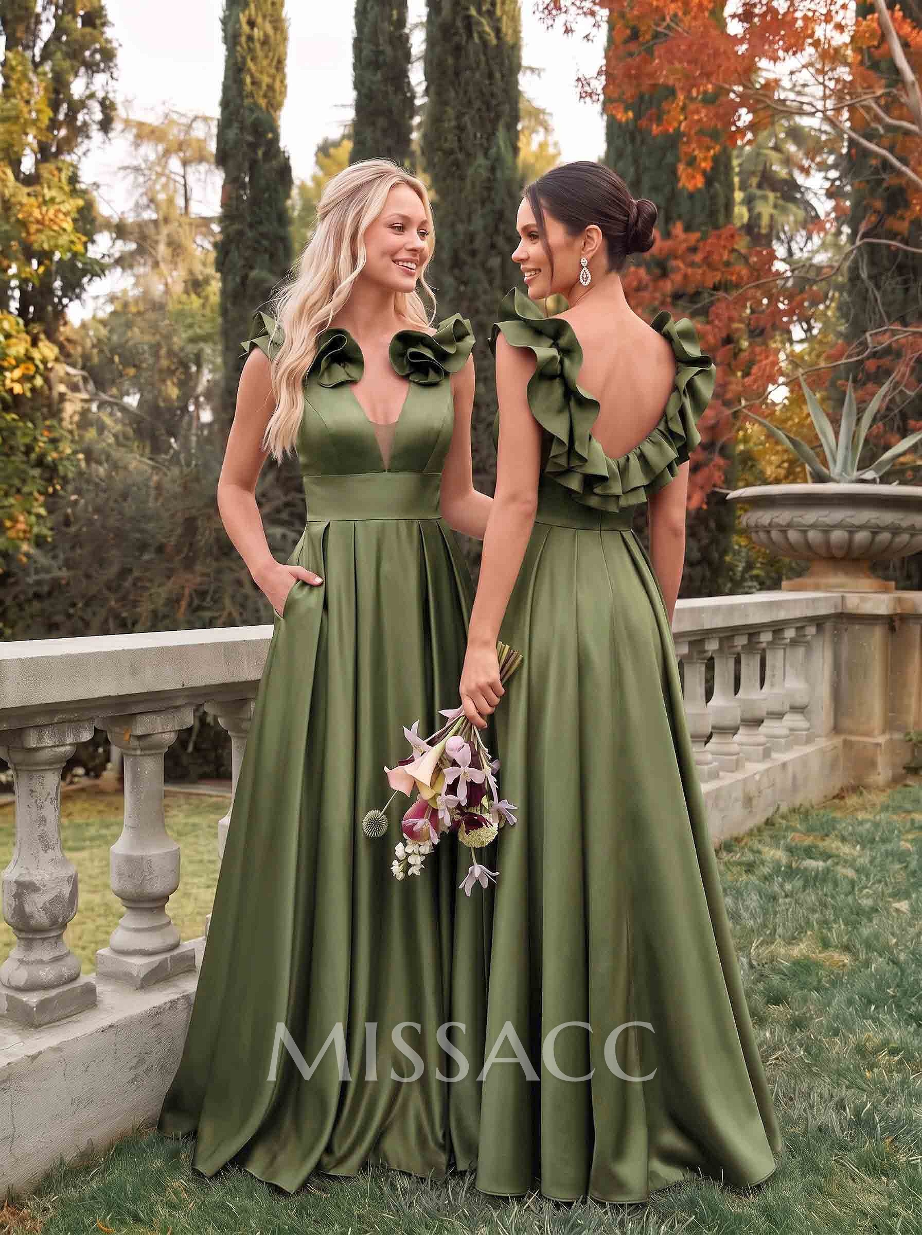 A-Line Plunge Neck Sleeveless Floor-Length Satin Bridesmaid Dresses With Split Front/Pockets/Shoulder Ruffle