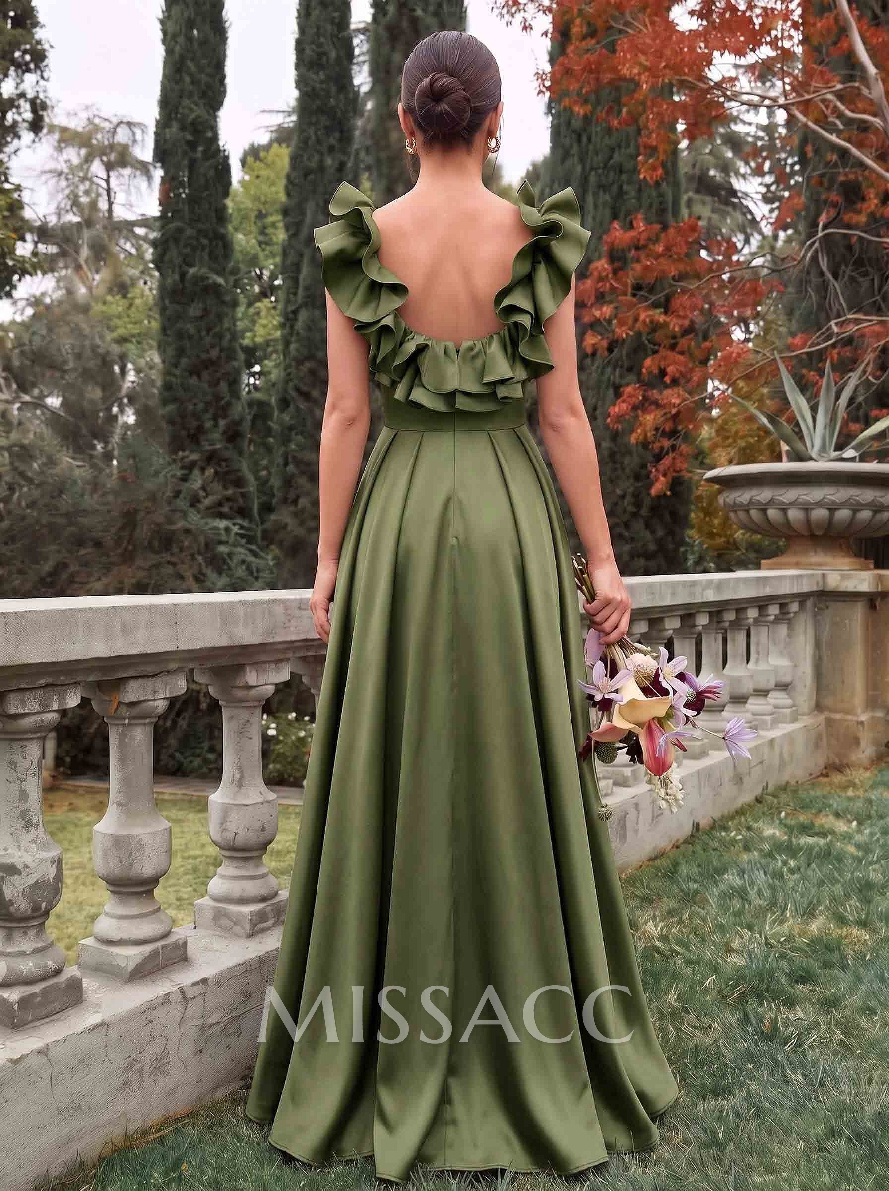 A-Line Plunge Neck Sleeveless Floor-Length Satin Bridesmaid Dresses With Split Front/Pockets/Shoulder Ruffle