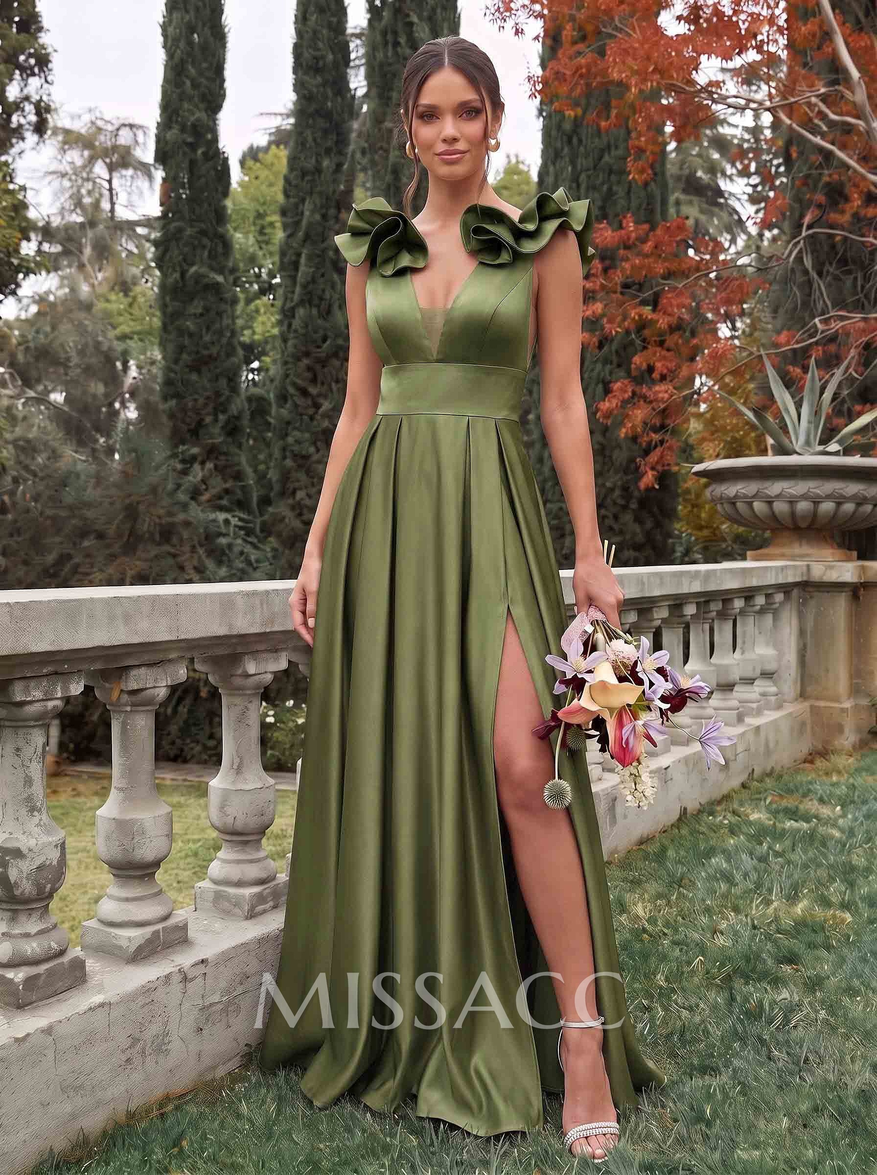 A-Line Plunge Neck Sleeveless Floor-Length Satin Bridesmaid Dresses With Split Front/Pockets/Shoulder Ruffle