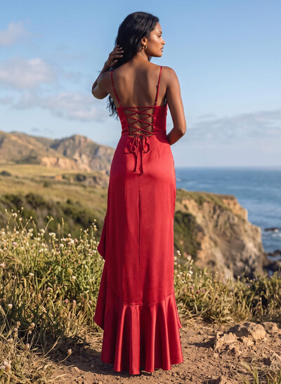 A-Line Square Neckline Sleeveless Asymmetrical Silk Like Satin Bridesmaid Dresses With High Split