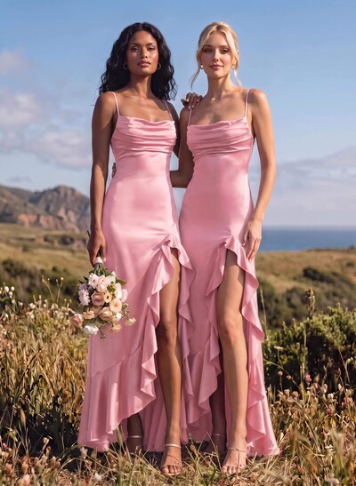 A-Line Square Neckline Sleeveless Asymmetrical Silk Like Satin Bridesmaid Dresses With High Split