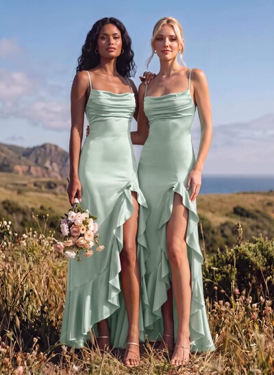 A-Line Square Neckline Sleeveless Asymmetrical Silk Like Satin Bridesmaid Dresses With High Split