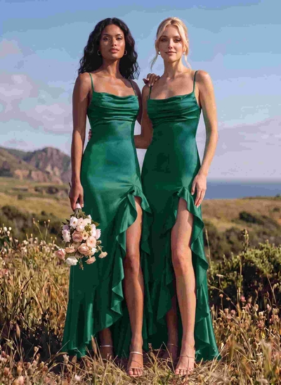 A-Line Square Neckline Sleeveless Asymmetrical Silk Like Satin Bridesmaid Dresses With High Split