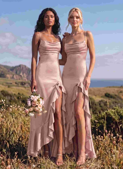 A-Line Square Neckline Sleeveless Asymmetrical Silk Like Satin Bridesmaid Dresses With High Split