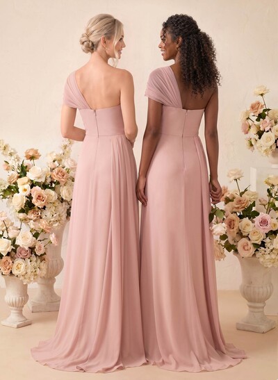 A-Line One-Shoulder Sleeveless Sweep Train Chiffon Bridesmaid Dresses With High Split