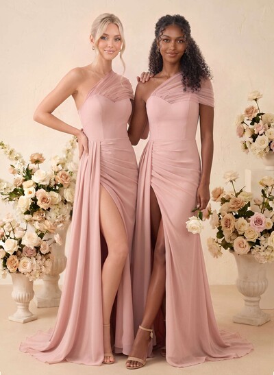 A-Line One-Shoulder Sleeveless Sweep Train Chiffon Bridesmaid Dresses With High Split