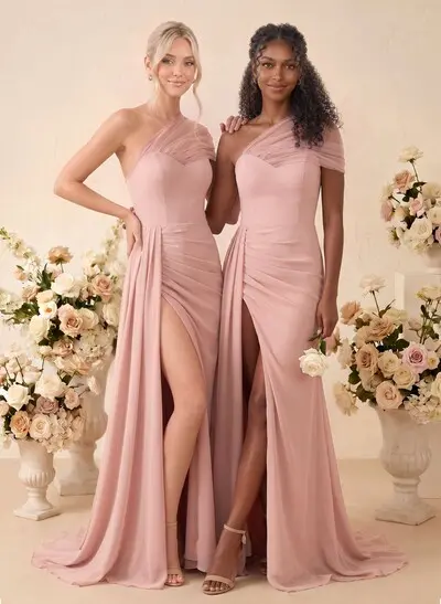 A-Line One-Shoulder Sleeveless Sweep Train Chiffon Bridesmaid Dresses With High Split