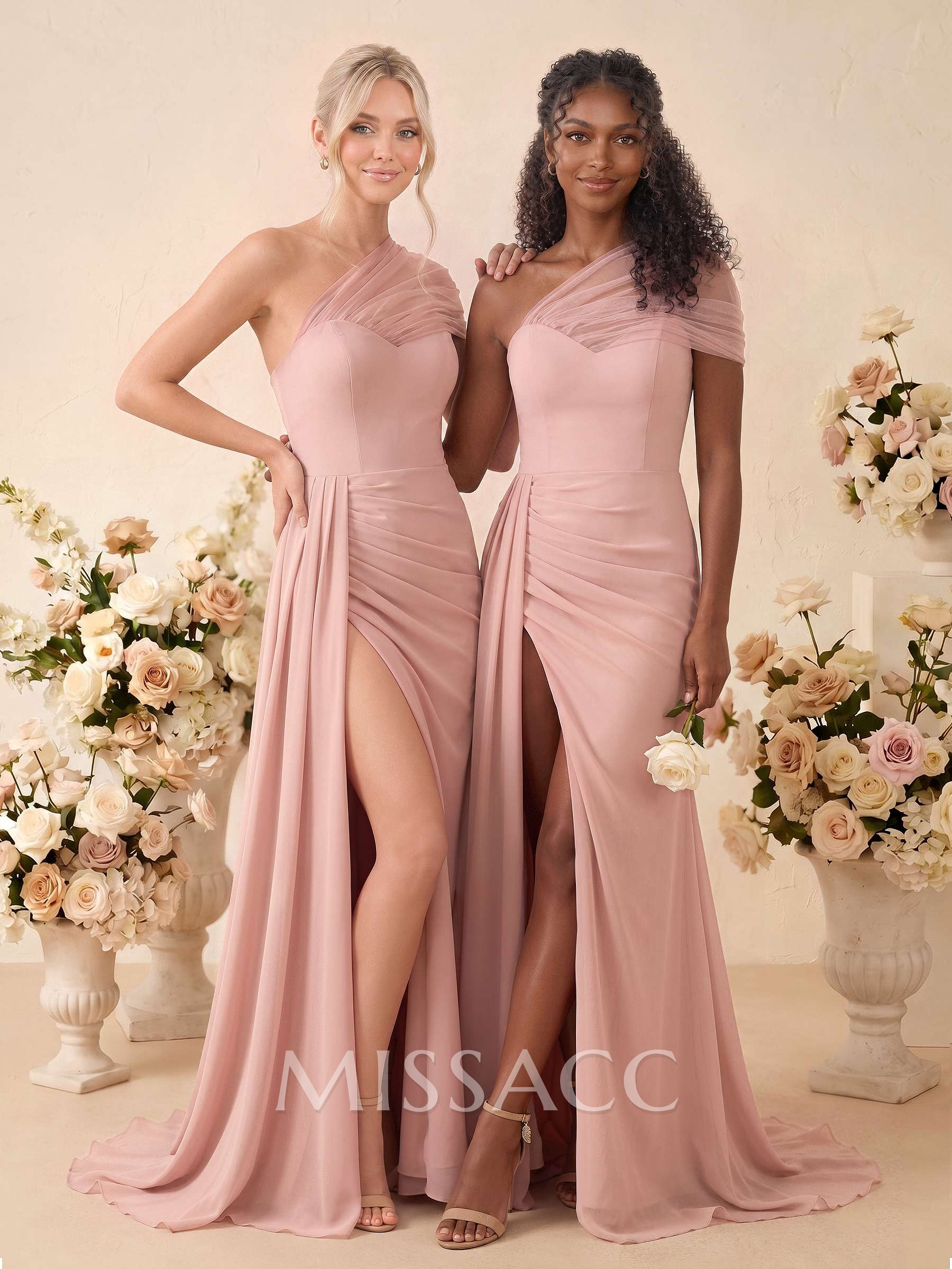 A-Line One-Shoulder Sleeveless Sweep Train Chiffon Bridesmaid Dresses With High Split