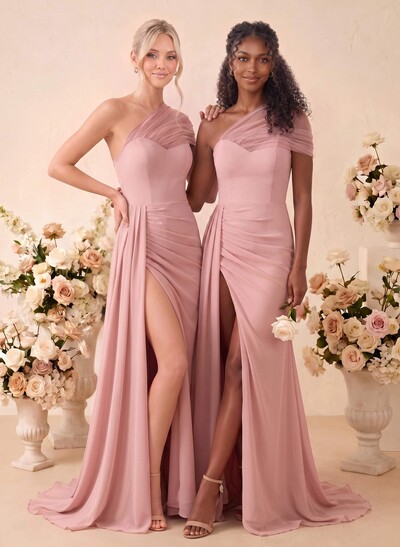 A-Line One-Shoulder Sleeveless Sweep Train Chiffon Bridesmaid Dresses With High Split