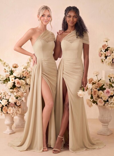 A-Line One-Shoulder Sleeveless Chiffon Bridesmaid Dresses with Sweep Train and High Split