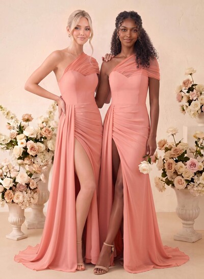 A-Line One-Shoulder Sleeveless Sweep Train Chiffon Bridesmaid Dresses With High Split