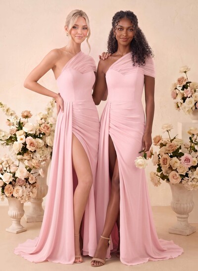 A-Line One-Shoulder Sleeveless Sweep Train Chiffon Bridesmaid Dresses With High Split