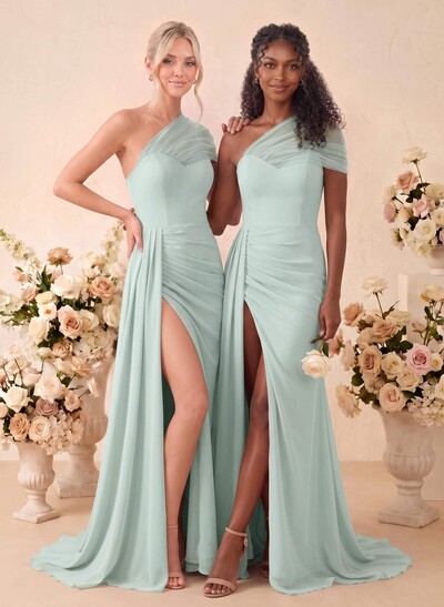 A-Line One-Shoulder Sleeveless Sweep Train Chiffon Bridesmaid Dresses With High Split