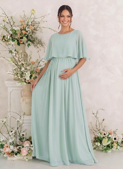 A-Line Scoop Neck Cape Sleeves Floor-Length Chiffon Maternity Bridesmaid Dresses