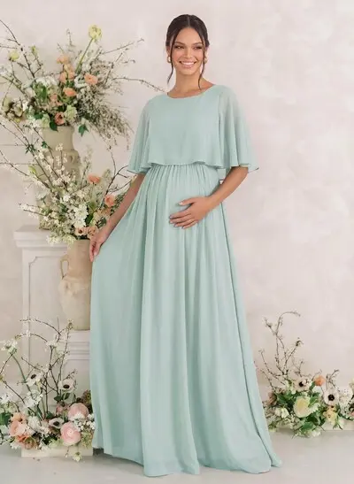 A-Line Scoop Neck Cape Sleeves Floor-Length Chiffon Maternity Bridesmaid Dresses
