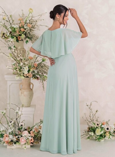 A-Line Scoop Neck Cape Sleeves Floor-Length Chiffon Maternity Bridesmaid Dresses