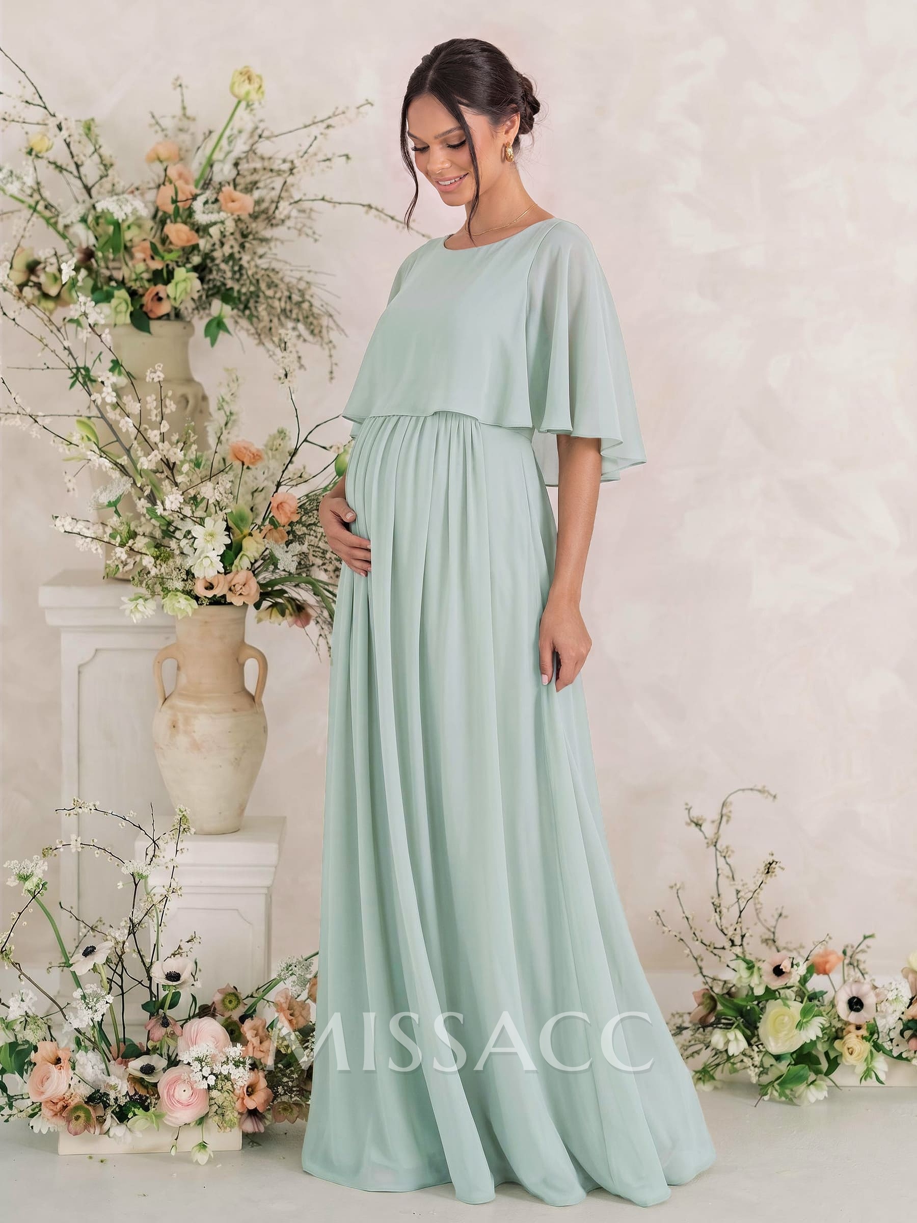 A-Line Scoop Neck Cape Sleeves Floor-Length Chiffon Maternity Bridesmaid Dresses