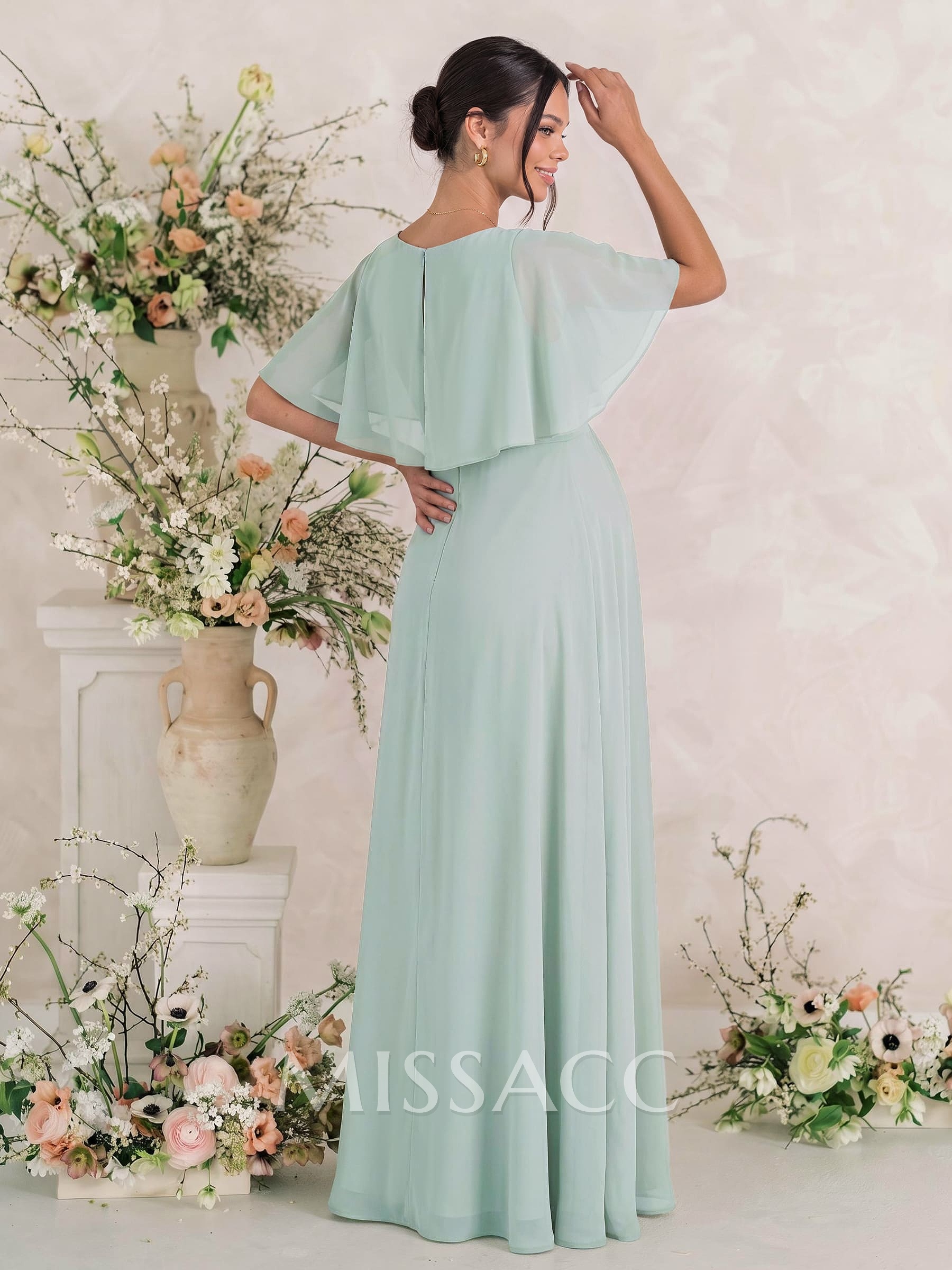A-Line Scoop Neck Cape Sleeves Floor-Length Chiffon Maternity Bridesmaid Dresses