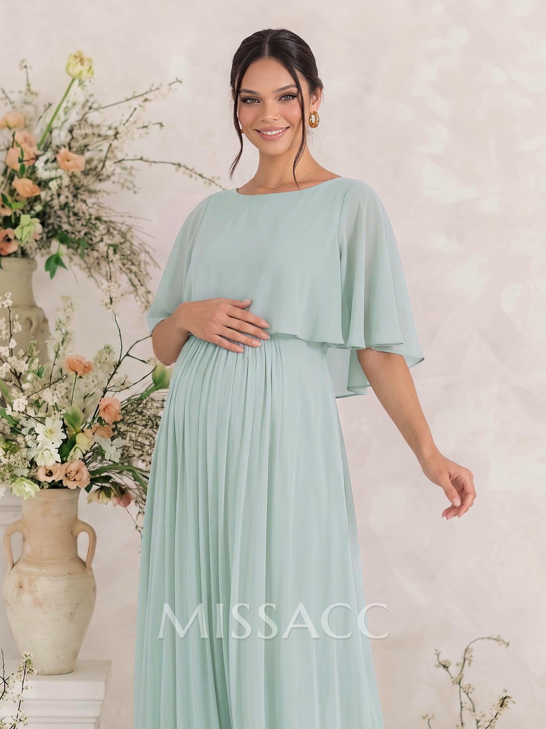 A-Line Scoop Neck Cape Sleeves Floor-Length Chiffon Maternity Bridesmaid Dresses
