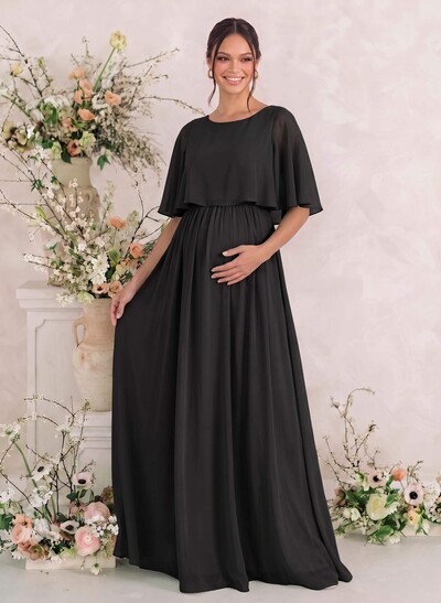 A-Line Scoop Neck Cape Sleeves Floor-Length Chiffon Maternity Bridesmaid Dresses