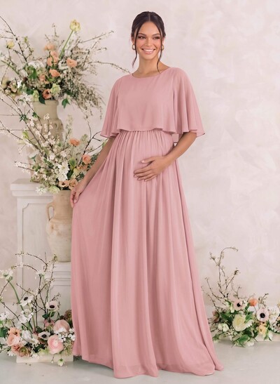 A-Line Scoop Neck Cape Sleeves Floor-Length Chiffon Maternity Bridesmaid Dresses