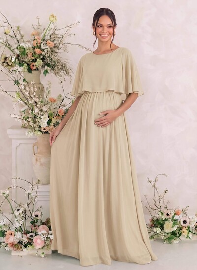 A-Line Scoop Neck Cape Sleeves Floor-Length Chiffon Maternity Bridesmaid Dresses