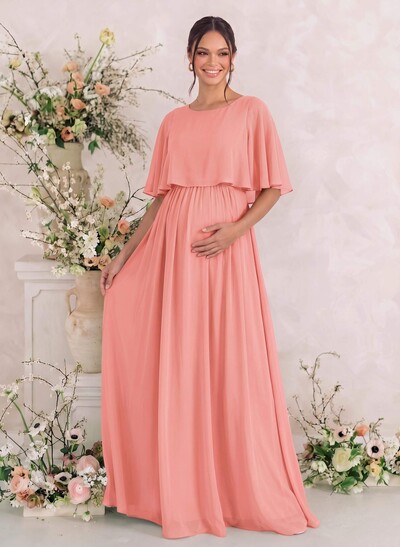 A-Line Scoop Neck Cape Sleeves Floor-Length Chiffon Maternity Bridesmaid Dresses