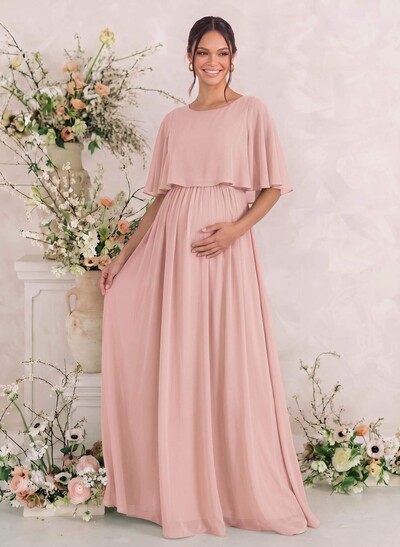 A-Line Scoop Neck Cape Sleeves Floor-Length Chiffon Maternity Bridesmaid Dresses