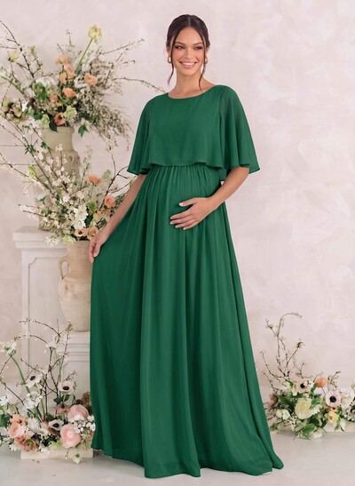 A-Line Scoop Neck Cape Sleeves Floor-Length Chiffon Maternity Bridesmaid Dresses