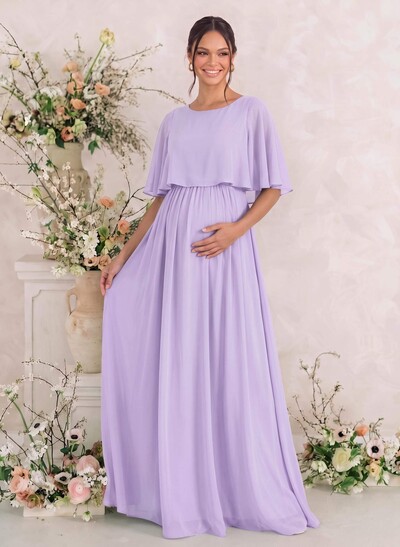 A-Line Scoop Neck Cape Sleeve Floor-Length Chiffon Maternity Bridesmaid Dresses