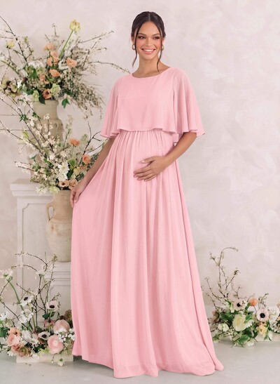A-Line Scoop Neck Cape Sleeves Floor-Length Chiffon Maternity Bridesmaid Dresses
