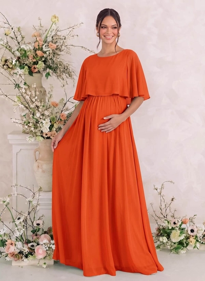 A-Line Scoop Neck Cape Sleeves Floor-Length Chiffon Maternity Bridesmaid Dresses