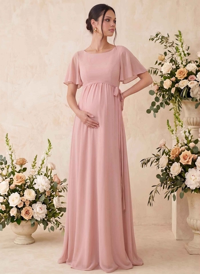 A-Line Scoop Neck Short Sleeves Floor-Length Chiffon Maternity Bridesmaid Dresses