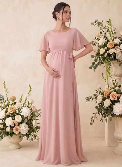A-Line Scoop Neck Short Sleeves Floor-Length Chiffon Maternity Bridesmaid Dresses