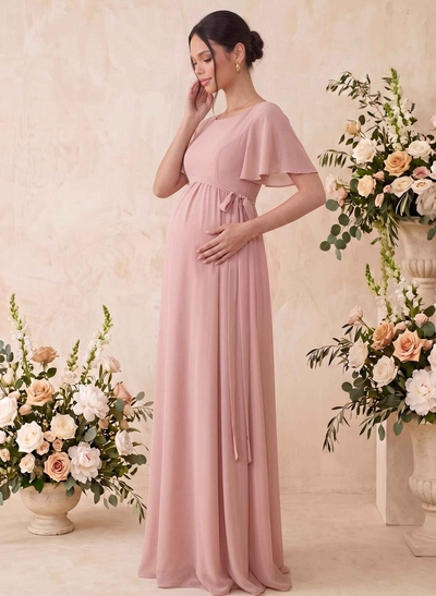 A-Line Scoop Neck Short Sleeves Floor-Length Chiffon Maternity Bridesmaid Dresses