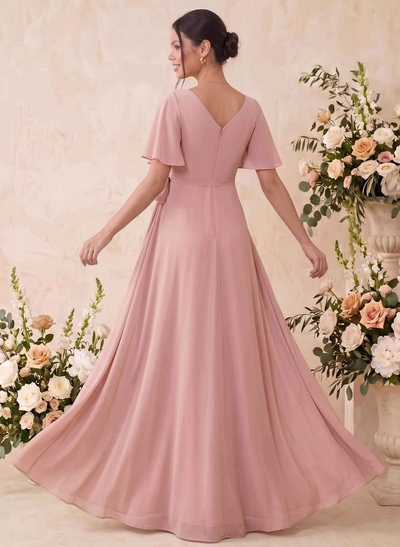 A-Line Scoop Neck Short Sleeves Floor-Length Chiffon Maternity Bridesmaid Dresses