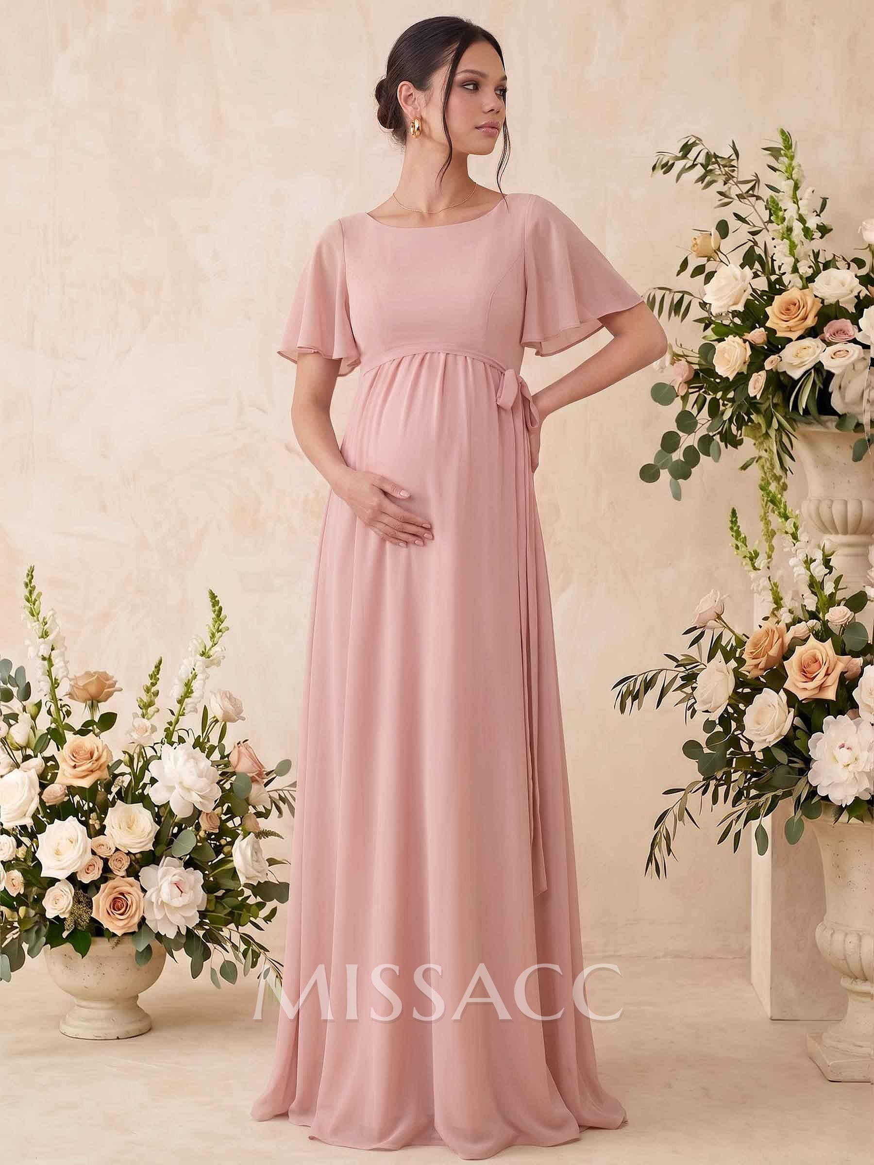 A-Line Scoop Neck Short Sleeves Floor-Length Chiffon Maternity Bridesmaid Dresses