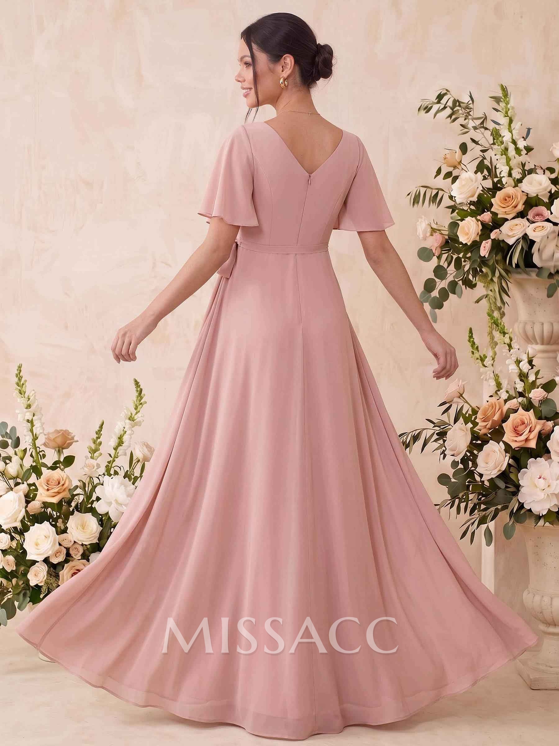 A-Line Scoop Neck Short Sleeves Floor-Length Chiffon Maternity Bridesmaid Dresses