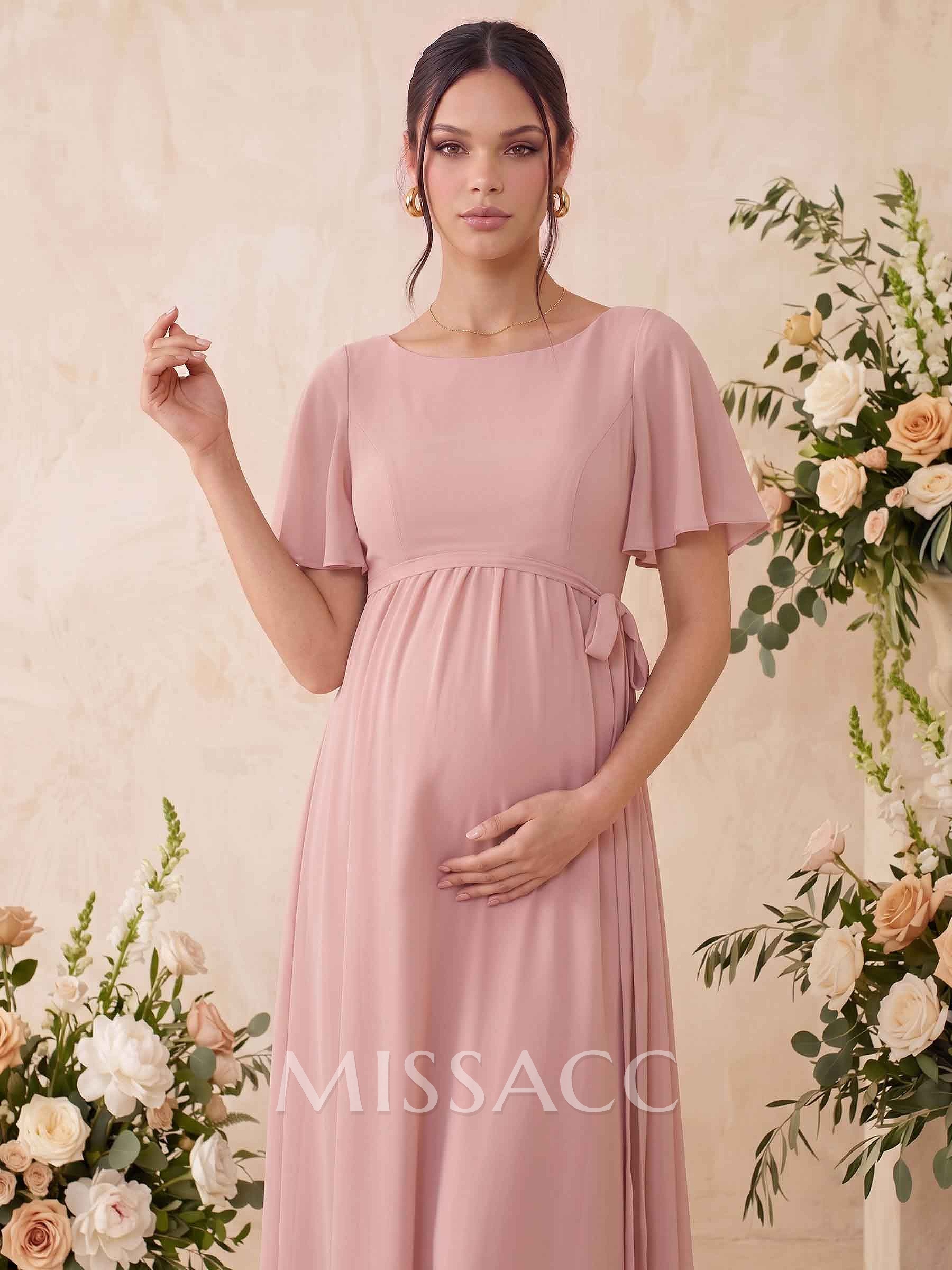 A-Line Scoop Neck Short Sleeves Floor-Length Chiffon Maternity Bridesmaid Dresses